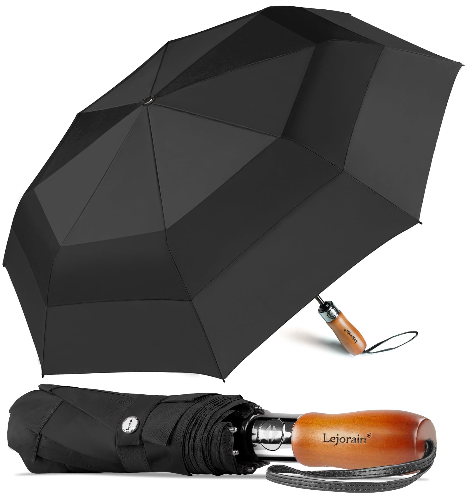 Lejorain 54inch Large Umbrella Auto Open Close with Folding Golf Size and 210T Dupont Teflon Coated Vented Windproof Double Canopy for Women Men&Black