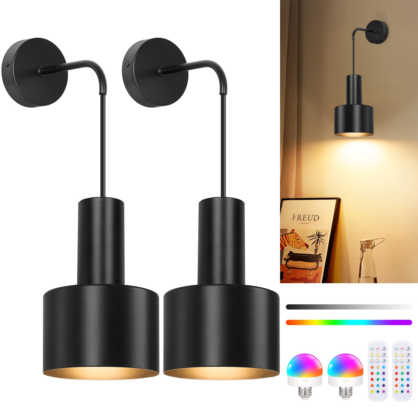 Photo 1 of VerRon Rechargeable Battery Operated Wall Sconce Set of Two, Black Wireless Battery Powered Lights with Dimmable Detachable Bulbs & Remote, Modern Sconces Wall Decor for Bedroom Living Room Hallway