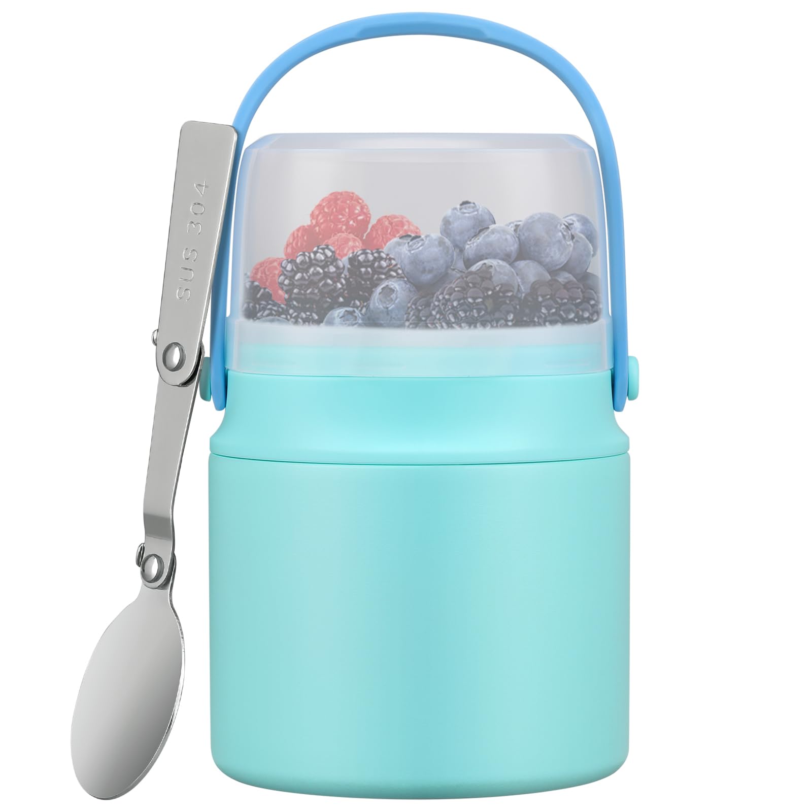 Photo 1 of 2-in-1 Insulated Food Jar & Snack Container - 15oz Kids Soup Thermos for Hot Food with Handle and Spoon, Leak Proof Reusable Toddler Snack Box, Perfect for School & Travel, Tiffany Blue