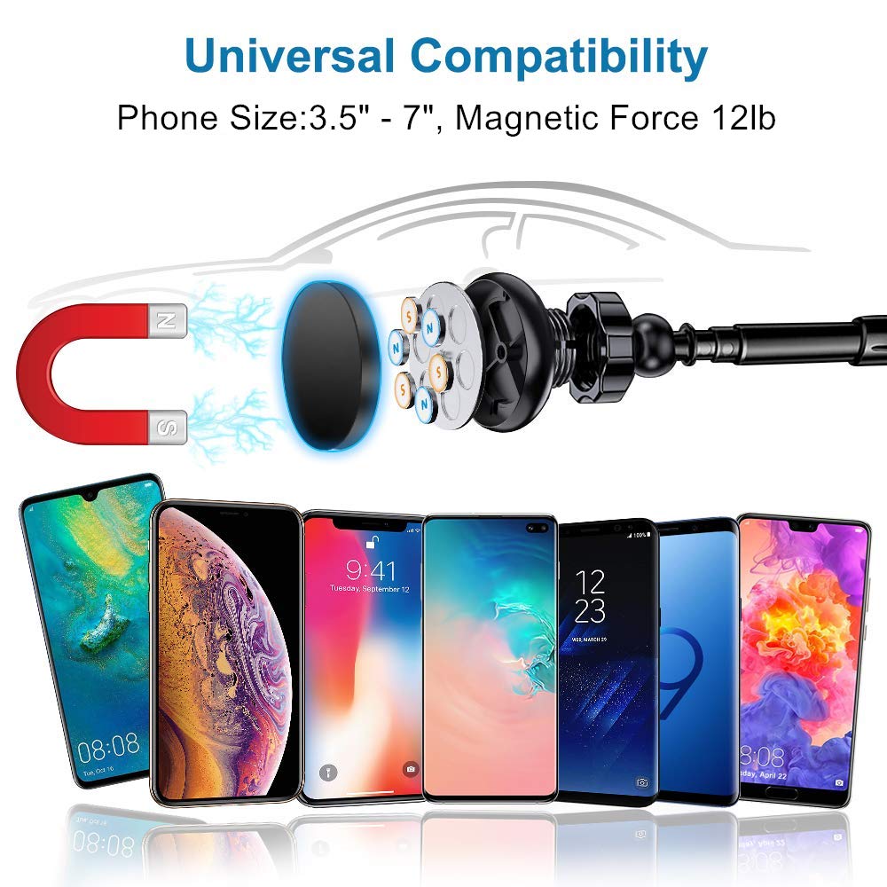 AIRGINE Magnetic Phone Car Mount Holder, Mobile Phone Cradle with 6 Strong Magnets for Dashboard and Windshield,Metal Telescopic Arm for iPhone Xs Max/XR/XS/X/8/7/6/6S, Galaxy S9/S8/S7/Note9/Note8