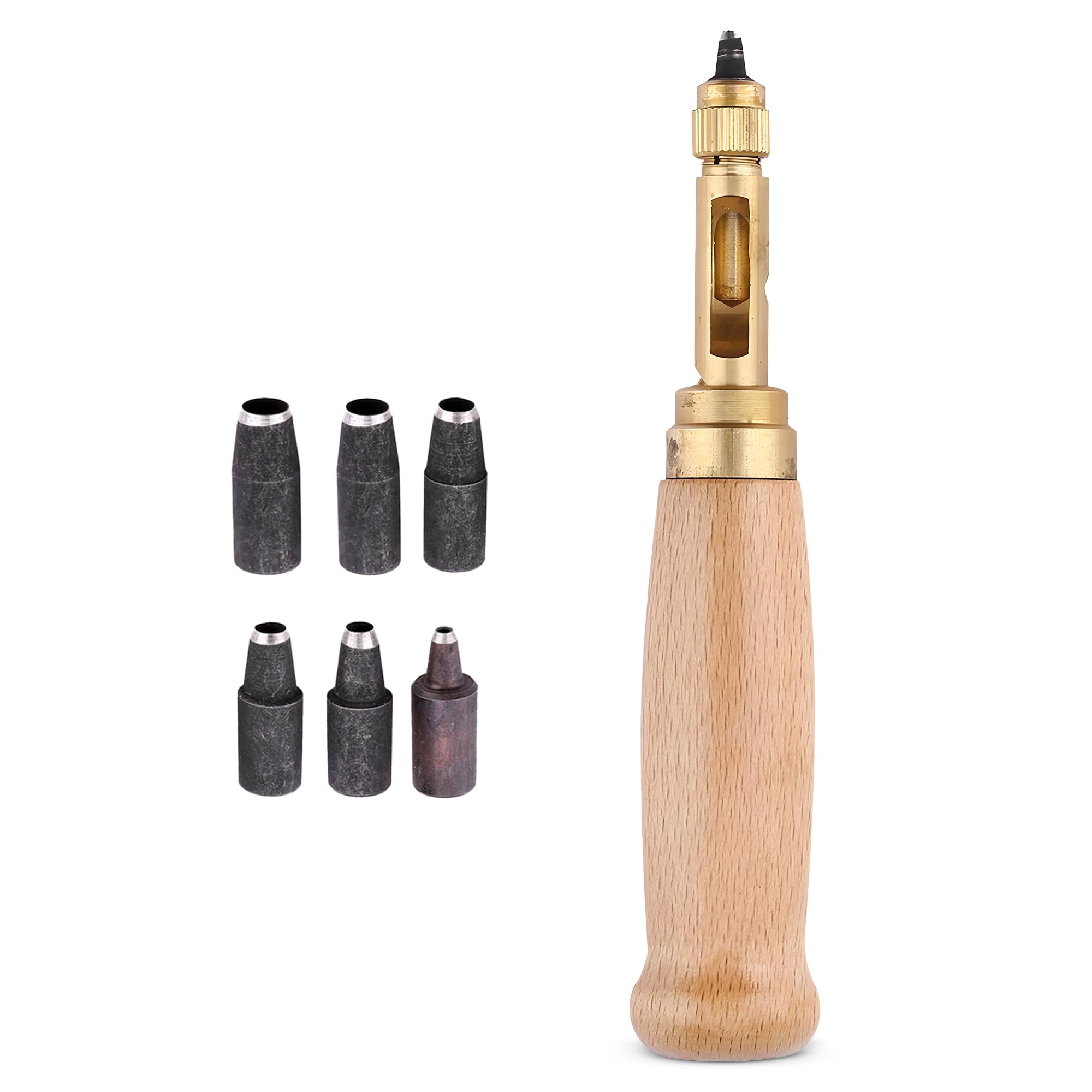 Trimming Shop Automatic Hole Punch Cutter Tool with 6 Tips 1.5-4mm Brass Wood Handle – Precise Leather Hole Punch for Sewing, DIY, Paper, PVC Banner, Crafts, Bookbinding, Leatherworking Tools