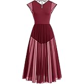 ODASDO Women Lyrical Dance Costume Adult Modern Contemporary Dancewear Cap Sleeve Flowy Mesh Split Maxi Long Dress