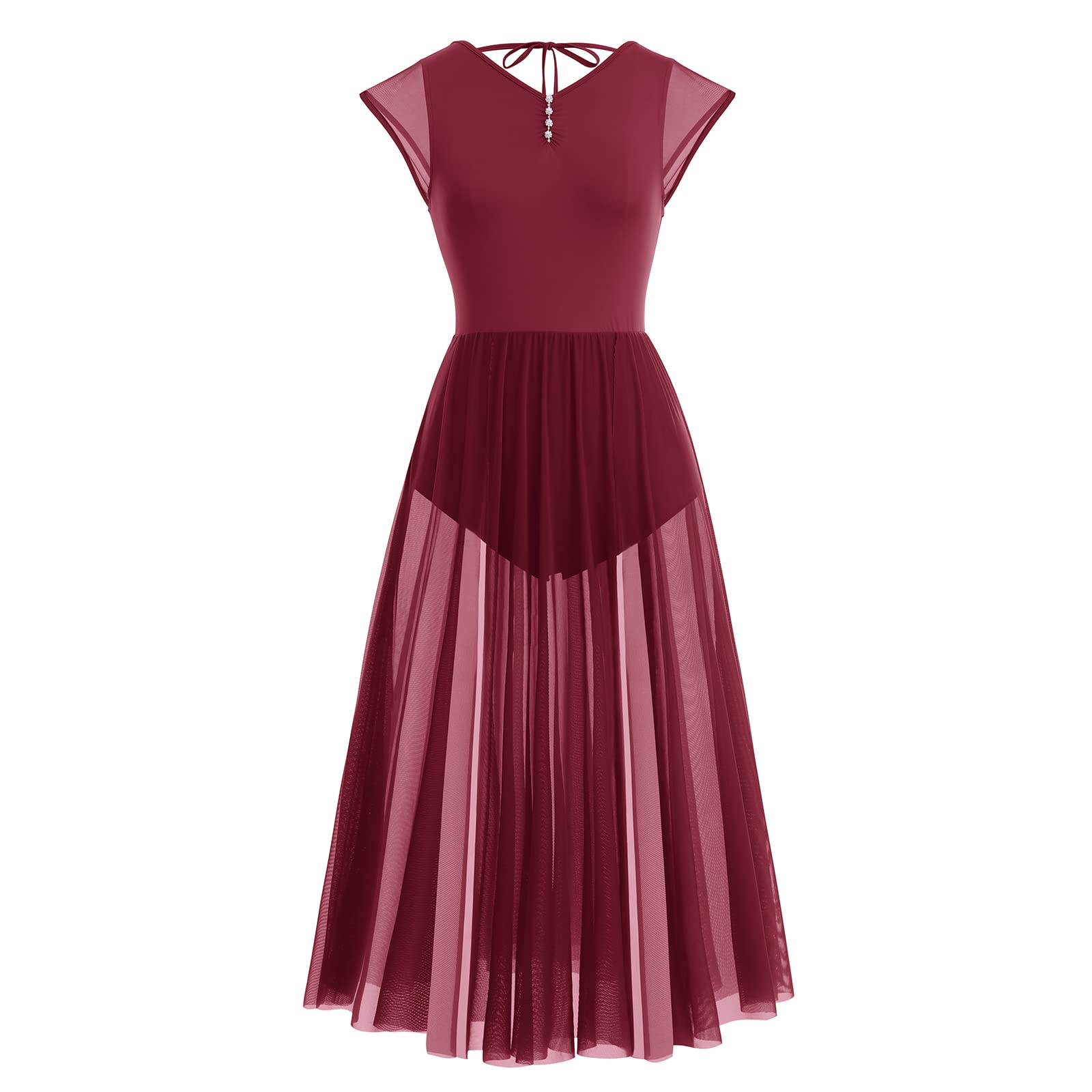 Photo 1 of ODASDO Lyrical Dance Costumes for Women Adult Modern Contemporary Dancewear Cap Sleeve V-Neck Flowy Mesh Tulle Split Maxi Long Dress Ballet Leotard Ballroom Stage Performance Costume Wine Red M
