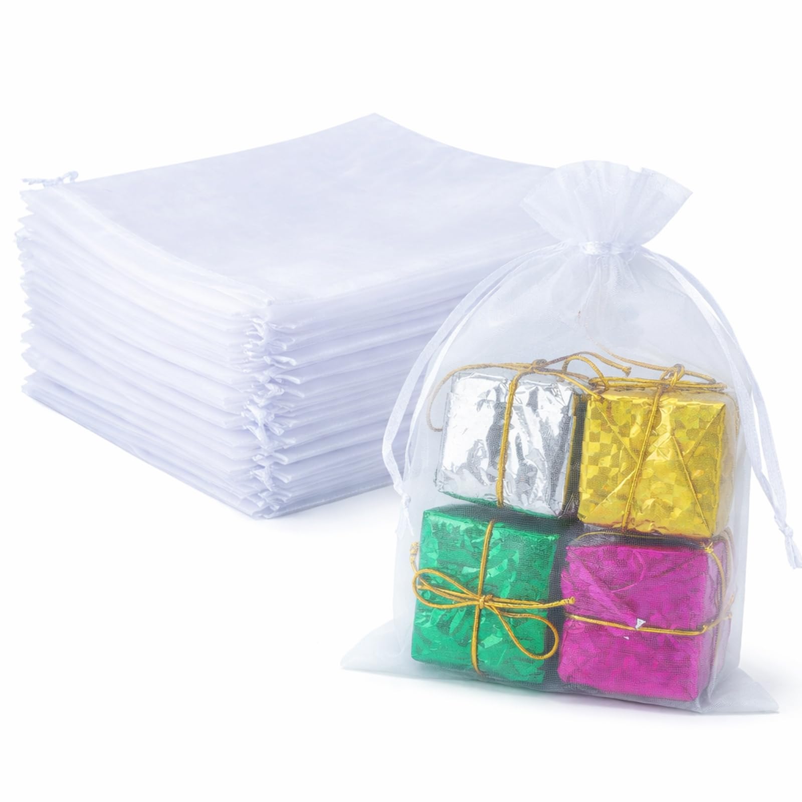 G2PLUS White Organza Gift Bags: 13x18 CM Clear Mesh Pouches, 100 PCS Organza Jewellery Bags, Large Favour Pouches for Wedding, Birthday Party Supplies