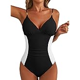 Aleumdr Women One Piece Swimsuit Tummy Control V Neck Ruched Bathing Suit Push Up Gold Metal Modest Slimming Swimwear