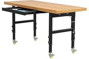 MAEMTTES 60” Heavy-Duty Solid Wood Work Bench Work Table with Wheels, Adjustable Height Workbench with Power Outlets, 3000 Lbs Capacity Workstation for Garage, Workshop