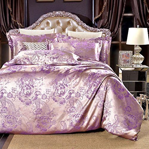 QzzieLife European Jacquard Luxury Cotton Silk Satin Floral Duvet Cover Set 4PC Full Queen Size Purple