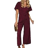 CUPSHE Womens Maxi Jumpsuit Dressy V Neck Short Sleeves Wide Leg Belted One Piece Outfit Overall Casual Fall Romper