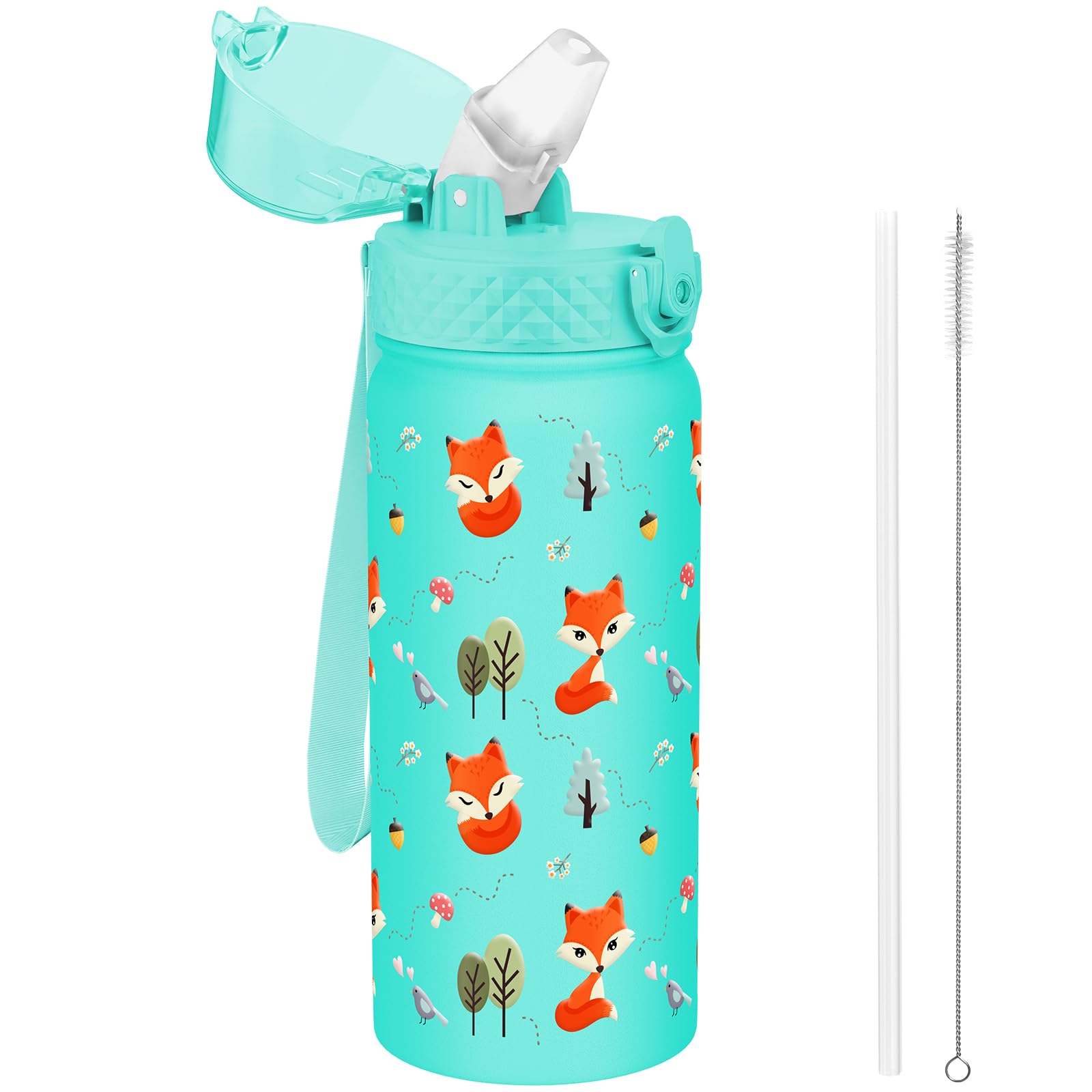 GOPPUS 550ml/18oz Kids Insulated Water Bottle with Straw Cute Double Wall Stainless Steel Child's Small Flask Vacuum Insulated Steel Metal Leak Proof Drink Flask Boys Toddler Girls Bottles BPA-Free