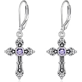 LONAGO Cross Earrings for Women 925 Sterling Silver Vintage Cross with Birthstone Drop Earrings