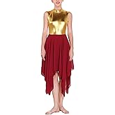 ODASDO Women Lyrical Dance Dresses Sleeveless Metallic Gold Block Irregular Hem Chiffon Flowy Midi Dress XS-XL