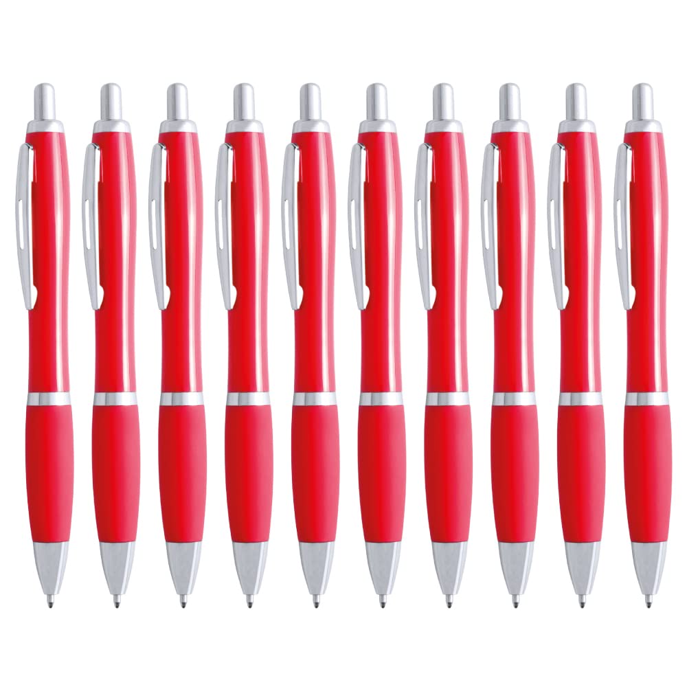 eBuyGB Pack of 10 Ballpoint Pens Blue Ink Retractable Push Button Pen, Red
