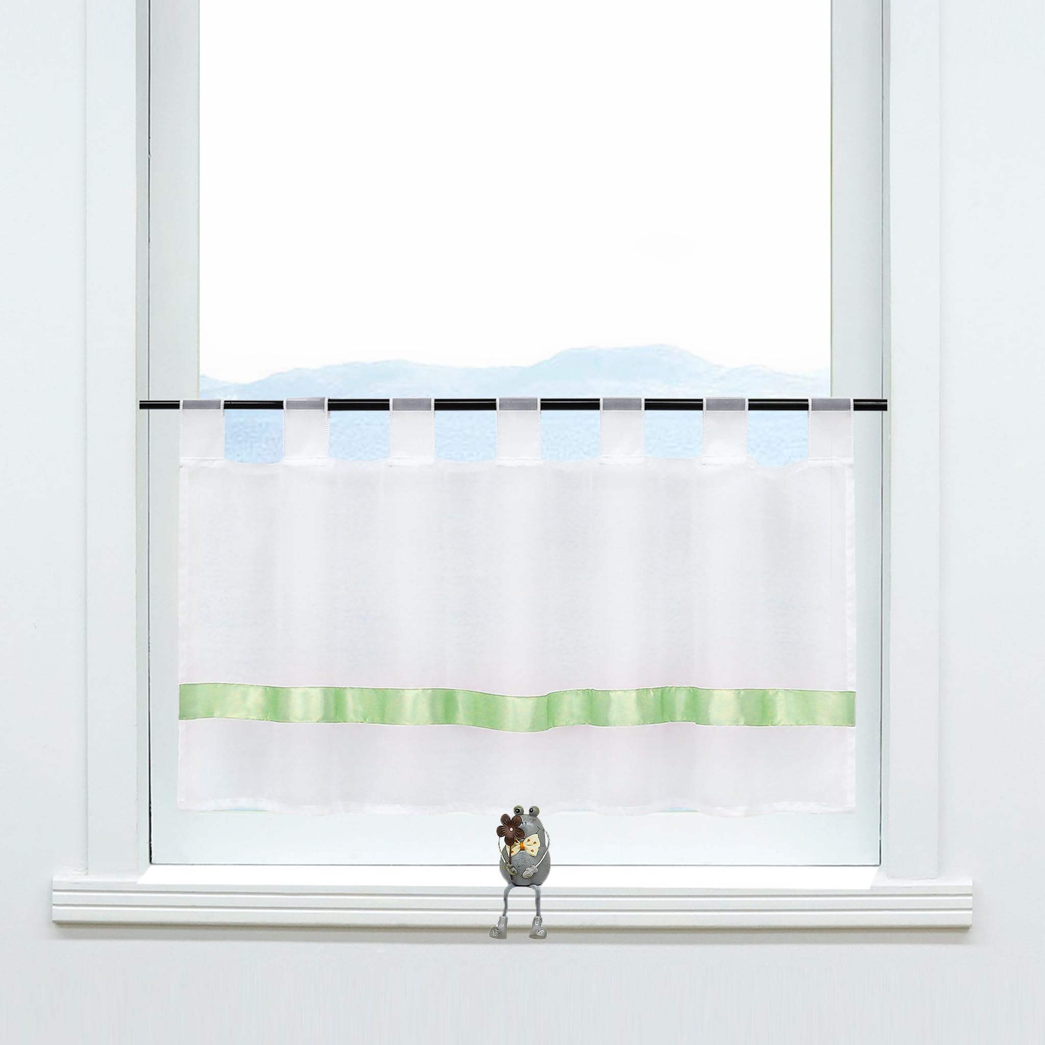 ESLIR Panel Curtain with Tabs Kitchen Bistro Curtains Transparent Curtains Short Curtain Modern Voile Pack of 1, 100 % polyester, Green, HxB 45x120cm