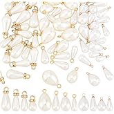 PH PandaHall 4 Sizes 72pcs Teardrop Pearl Pendants 3 Styles Waterdrop Pearl Pendants White Imitation Pearl Pendants with Rhinestone Pearl Dangle Charms for Jewelry Making Earrings Necklace DIY Crafts
