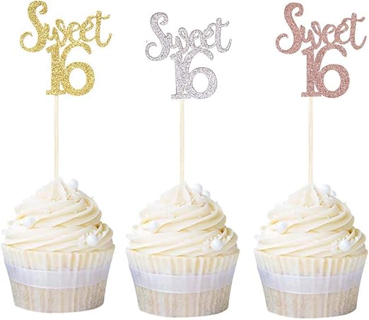 Amazon Tetor Sweet 16カップケーキトッパー カップケーキケーキピック 16歳の誕生日カップケーキデコレーション用 16歳の誕生日パーティー用品 36個 おもちゃ おもちゃ
