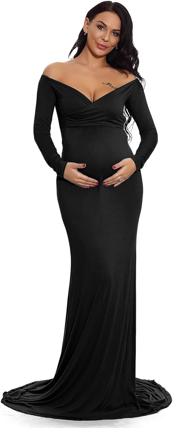 ZIUMUDY Maternity Fitted Gown V Neck Ruched Off Shoulder Long Sleeve Maxi Photography Dress at  Women’s Clothing store