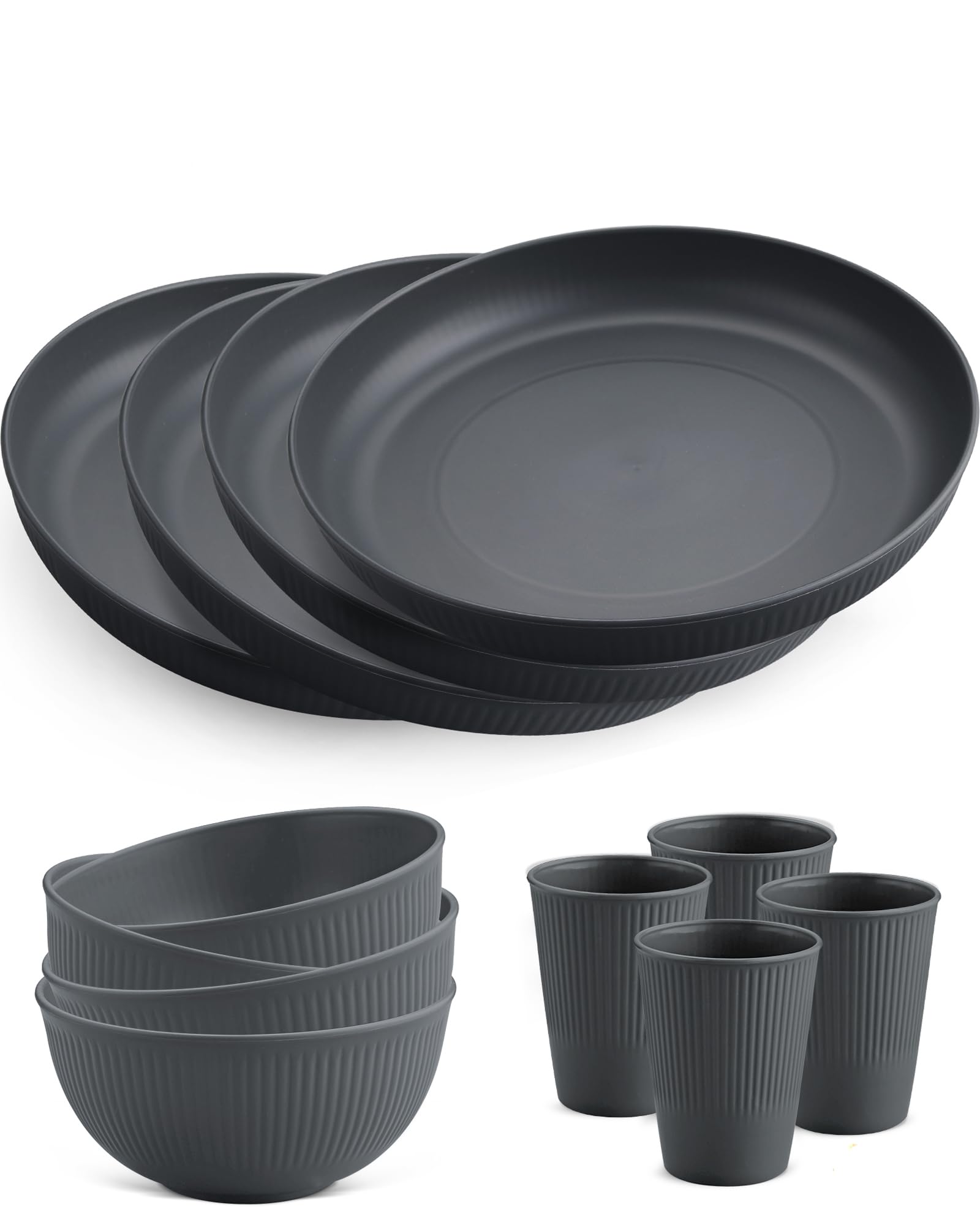 HOMGEN Plastic Plates and Bowls Set 12 PCS Camping Unbreakable Dinnerware Set Reusable Plates Bowls 11oz Cups Microwave & Dishwasher Safe Dinner Plates Lightweight Party Tableware Service for 4