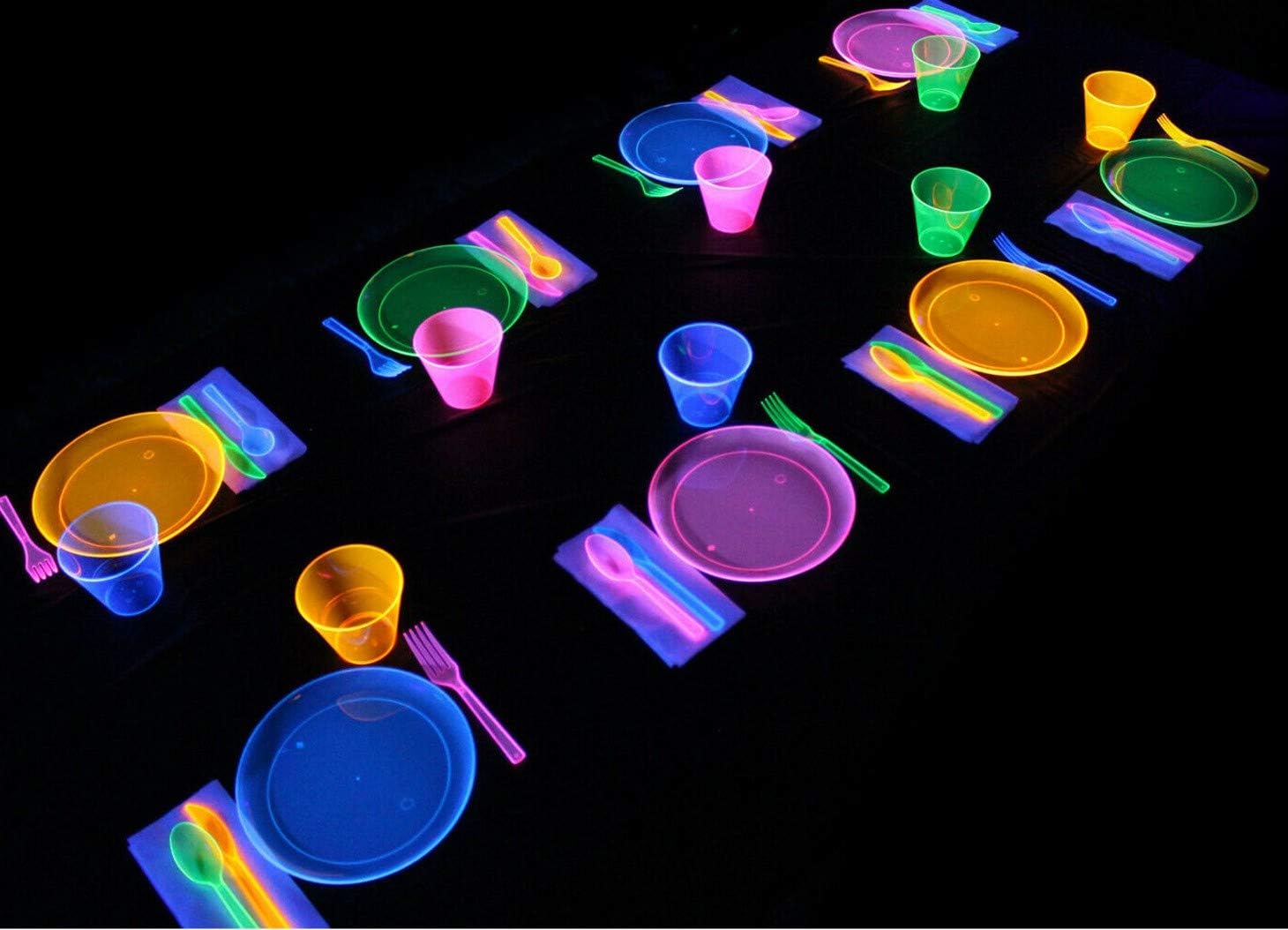 Bright Neon Party Supplies Set - Serves 32 Guest, Includes Plates, Cups Tumblers 9 Oz, Cutlery, Forks Knifes and Spoons and Napkins, 32 Of Each. Glow In the Dark Party Blacklight UV Parties.: Kitchen & Dining