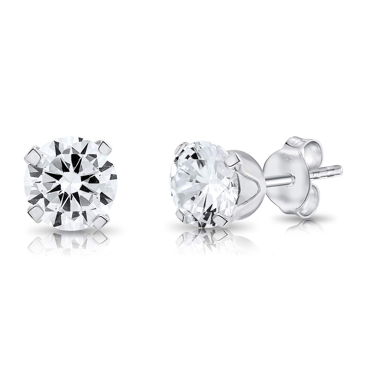 925 Sterling Silver Stud Earrings with Cubic Zirconia CZ - Hypoallergenic Earrings for Women and Men - Butterfly Back Studs - Diameter 6 mm