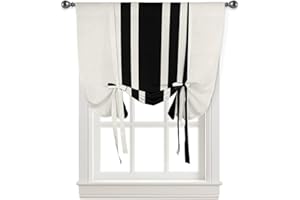 YOKOU Curtains Balloon Window Shade Christmas Black and White Stripe Rustic Farmhouse Style Countryside Rod Pocket Curtain Adjustable Tie Up Short Curtains for Small Windows Kitchen,1 PCS 34 x45 inch