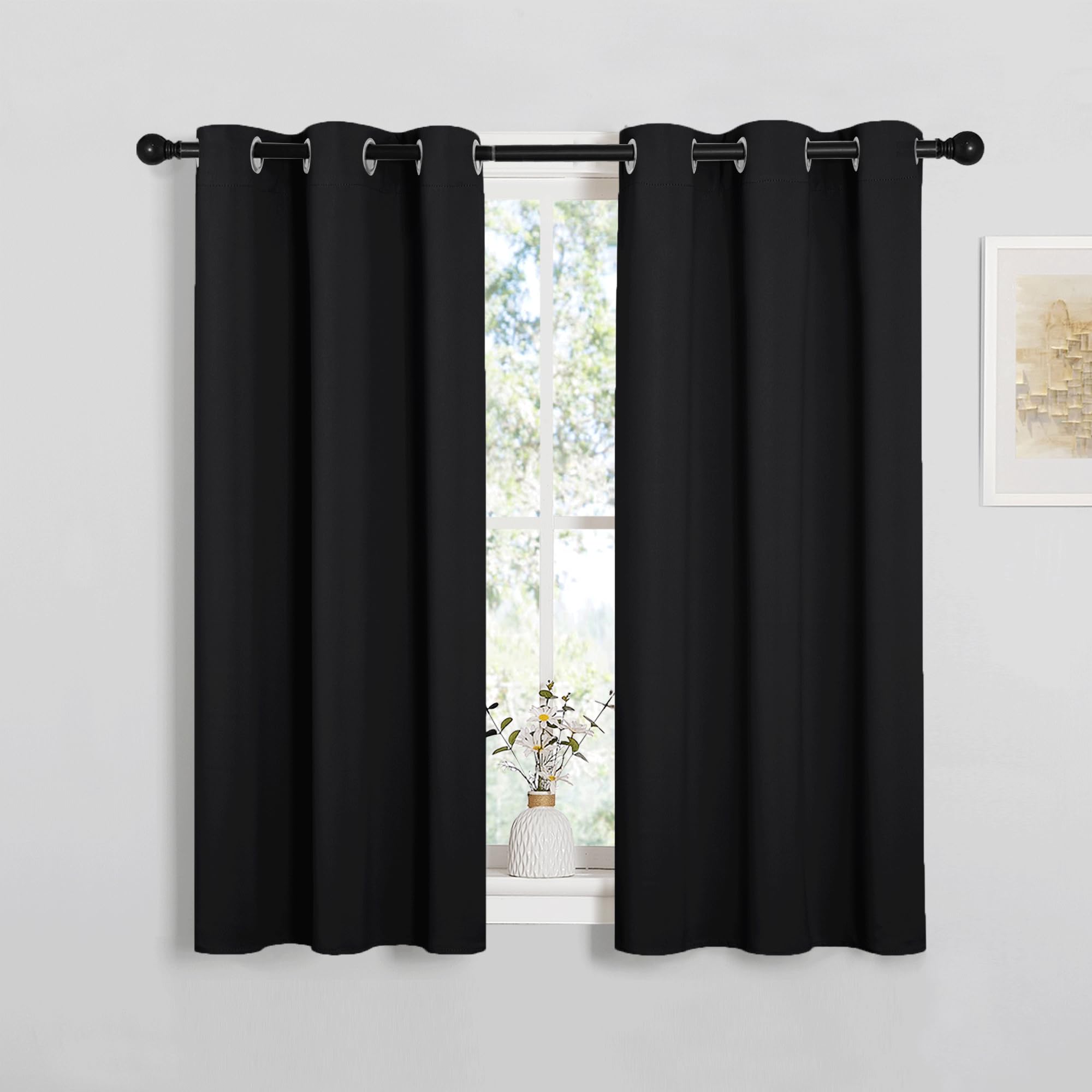 PONY DANCE Short Blackout Thermal Insulated Curtains for Bedroom Small Room Darkening Energy Saving Privacy Curtains & Drapes for Kitchen, W 34" x L 45", 2 Panels, Black — image 1