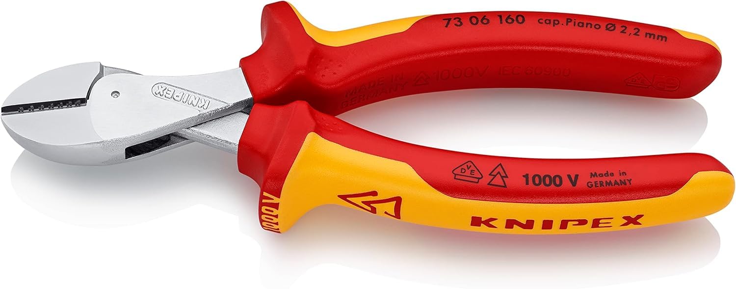 KNIPEX X-Cut Compact Diagonal Cutter High Lever Transmission Self-Service Card Chrome-Plated Insulated with Multi-Component Grips, 73 06 160 SB