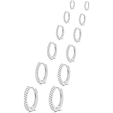 Ofeiyaa 6 Pairs Small Hoop Earrings Stainless Steel Cubic Zirconia Huggie Hoop Cartilage Earrings Piercing Jewelry for Women Men Gold Silver Tone 6mm 8mm 10mm 12mm 14mm 16mm