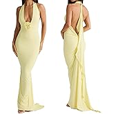 Women Sexy Backless Dress Halter Deep V Neck Detachable Flower Sleeveless Open Back Maxi Dress Cocktail Prom Formal Dresses