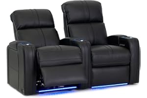 Octane Seating Flash HR Series Home Stadium Seating - Black Top Grain Leather - Power Recline - Motorized Headrest - Lighted Cup Holders (Row of 2, Black Bonded)