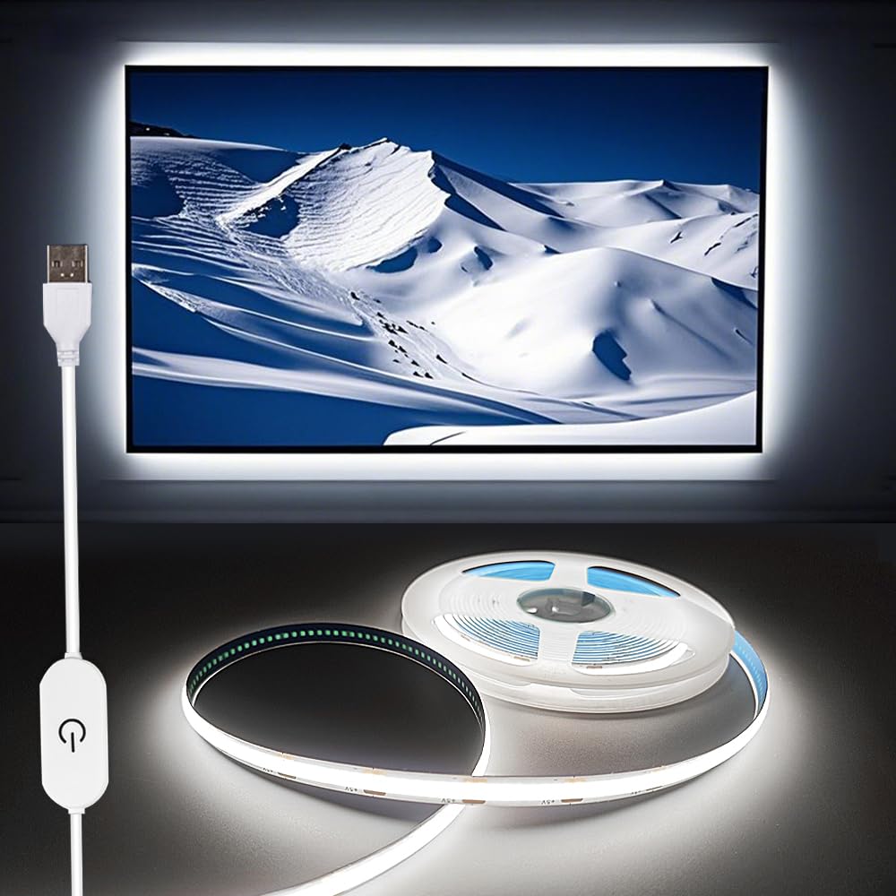Photo 1 of ZSLAIFU A 5V USB LED Light Strip, COB LED Strip Lights, White 5V LED Lights, Small LED Strip Light, TV Lights for TV Under Cabinet Kitchen Living Room Shelving or Displays (White, 6.56ft)