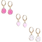 3 Pairs Huggie Dangle Drop Earrings for Women Smiley Face Preppy Charm Pendant Gold Hoop Earrings Trendy Jewelry Gifts