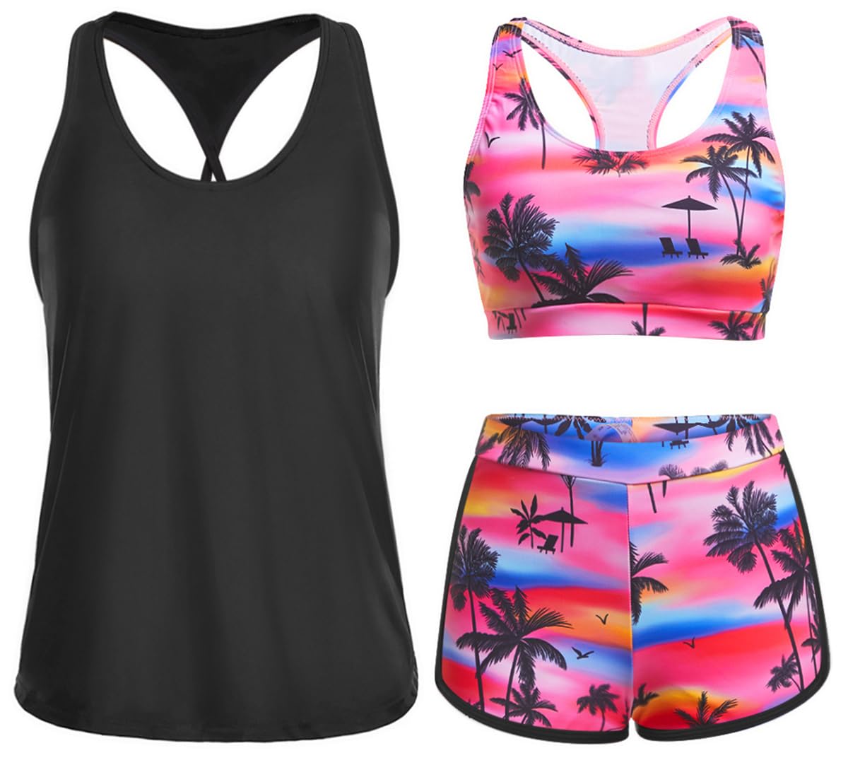 Photo 1 of Yonique 3 Piece Athletic Tankini Swimsuits for Women with Shorts Swim Tank Tops with Sports Bra and Boyshorts Bathing Suits M Pink Tree