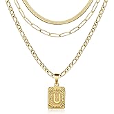 Honsny 3 PCS Gold Layered Necklace Set for Women Gold Filled Dainty Paperclip Snake Choker Figaro Chain Layering Necklaces Jewelry Gifts Square Pendant Letter A-Z