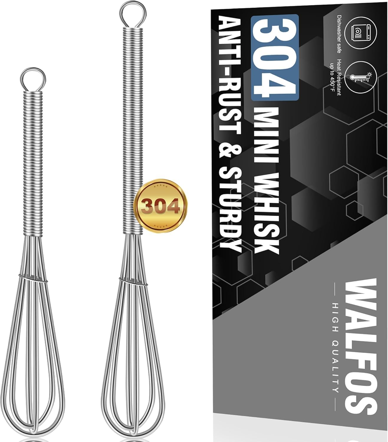 Walfos Mini Stainless Steel Whisk (13cm+18cm), Small Balloon Whisk for Cooking, Mixing, Stirring, Beating