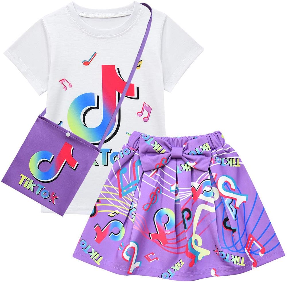 D.O.T 3pcs TikTok Girl Skirt Sets T Shirt Top + Bowknot Skirt with Bag