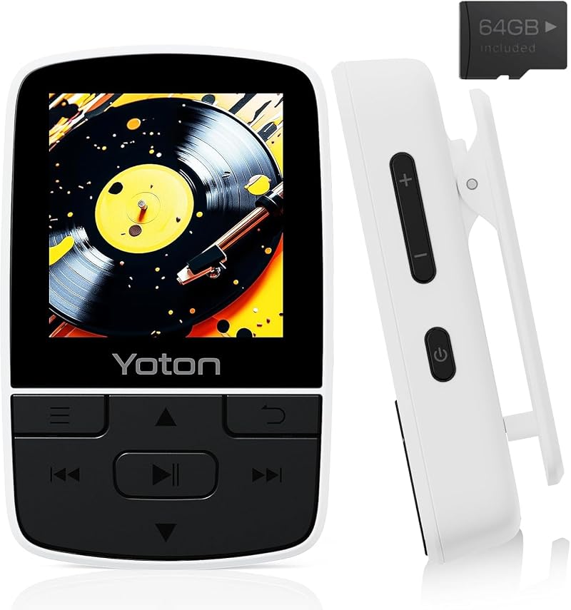 YOTON MP3 Player Bluetooth 5.2 64GB Expandable Mini Clip FM Radio White