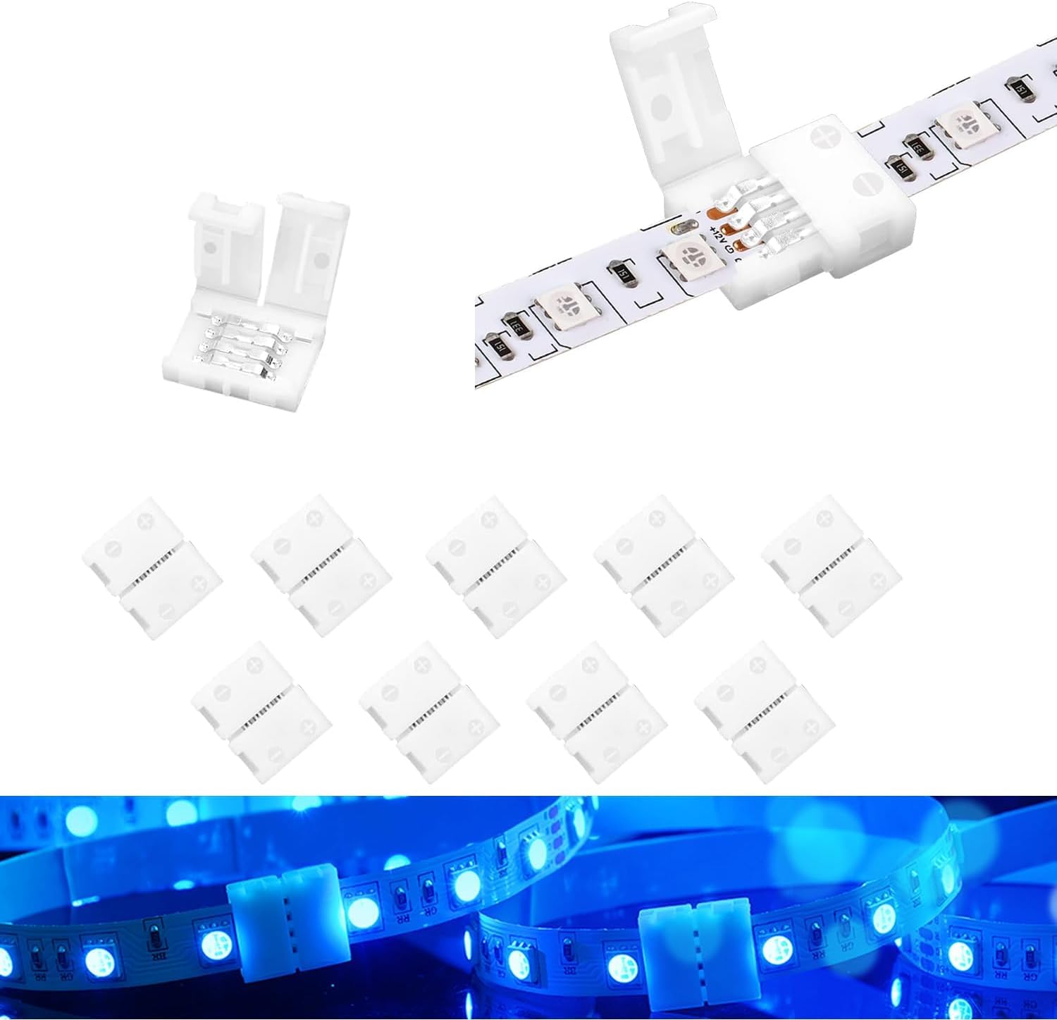 SHAOYAYAZHANG Pack of 10 4-Pin LED Connectors for LED Strip Lights 10 mm Wide Gapless LED Tape Light Clips Solderless Adapter Extension (4pin-10 mm)