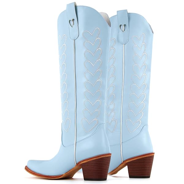 YOLKOMO COWBOY BOOTS FOR WOMEN BLUE KNEE HIGH COWGIRL BOOTS WITH HEARTS SQUARE TOE LOW BLOCK HEEL PULL-ON LEATHER DISTRESSED WESTERN HEART EMBROIDERED BLUE BOOTIES SIZE 10