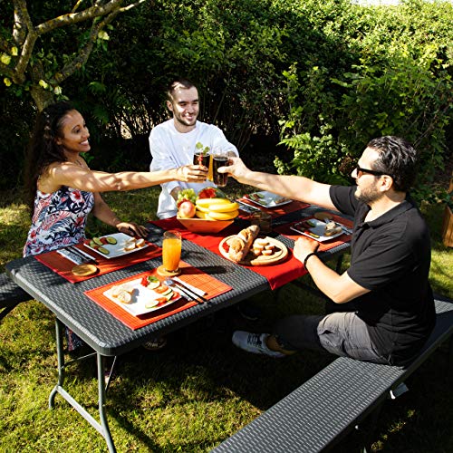 Relaxdays Bierzeltgarnitur, klappbarer Campingtisch, 2 Bierbänke, Kunststoff, Rattan-Optik, 73,5 x 178,5 x 74 cm, grau – Bild 4