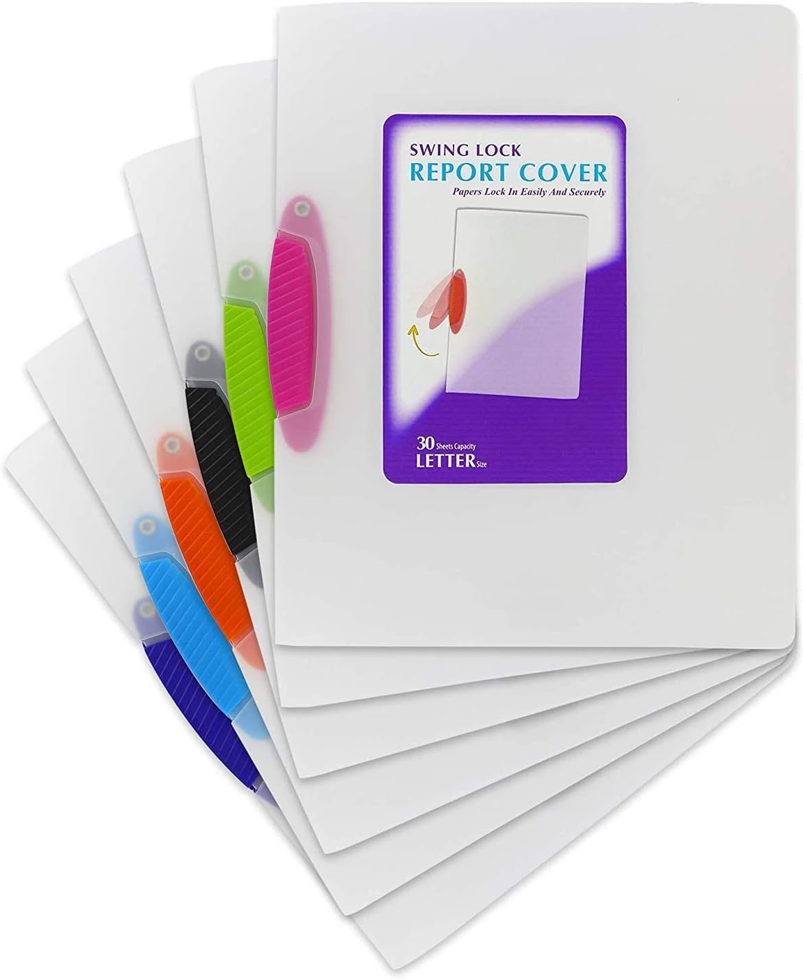 Translucent Swing Lock Report Cover Punchless Swing Arm Report Cover Locks in Paper Easily and Securely Fits up to 30 Sheets (Pack of 6) - by Emraw : Office Products