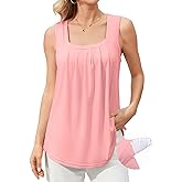 V FOR CITY Women Flowy Tank Top with Built in Bras Pleated Square Neck Tunic Tops Loose Summer Tanks Shirts