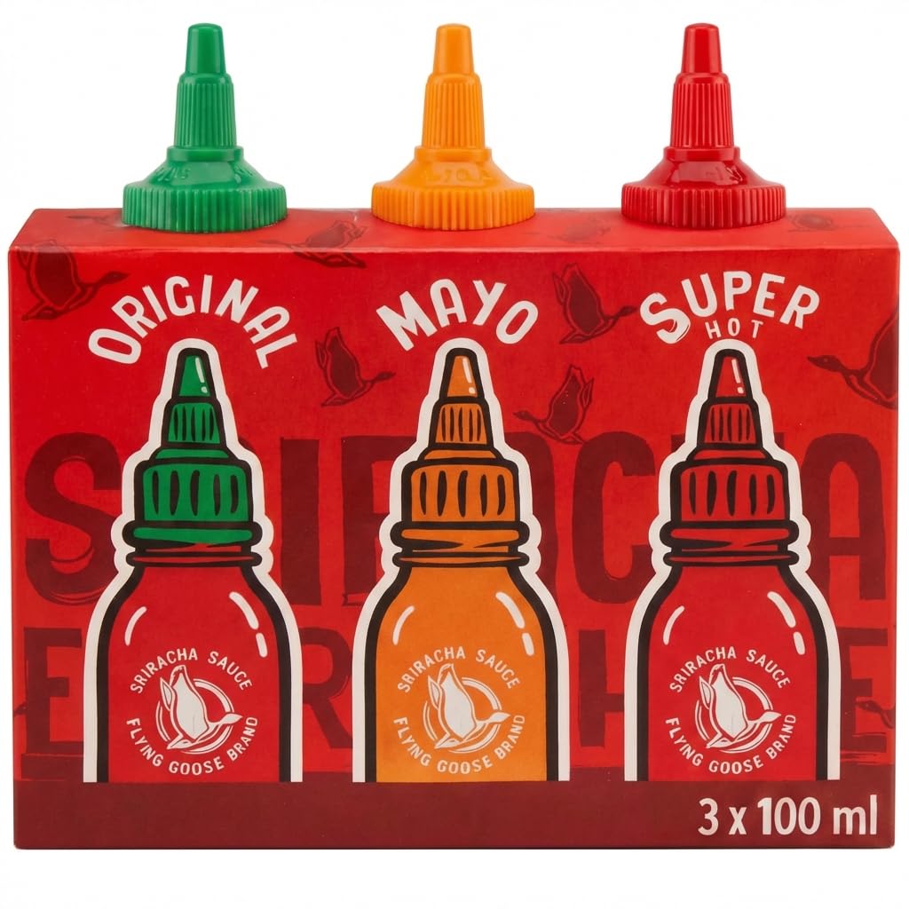 FLYING GOOSE Sriracha scharfe Chilisaucen Mischkarton in 3 Geschmacksrichtungen, ideal zum Verschenken, Würzsaucen aus Thailand zum Würzen, Dippen und Verfeinern, 3 x 100 ml Multipackung 4