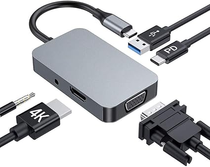 Amazon Co Jp Usb C ハブ 5 In 1 Usb Type C ハブ Hdmiポート 4k 30hz Vgaポート 1080p 3 5mmイヤホンジャック Pd充電 ウルトラスリム Usb C Macbook Pro Air Chromebook Surface Go Pro7等対応 ドッキングステーション 変換 アダプタ グレー パソコン 周辺機器