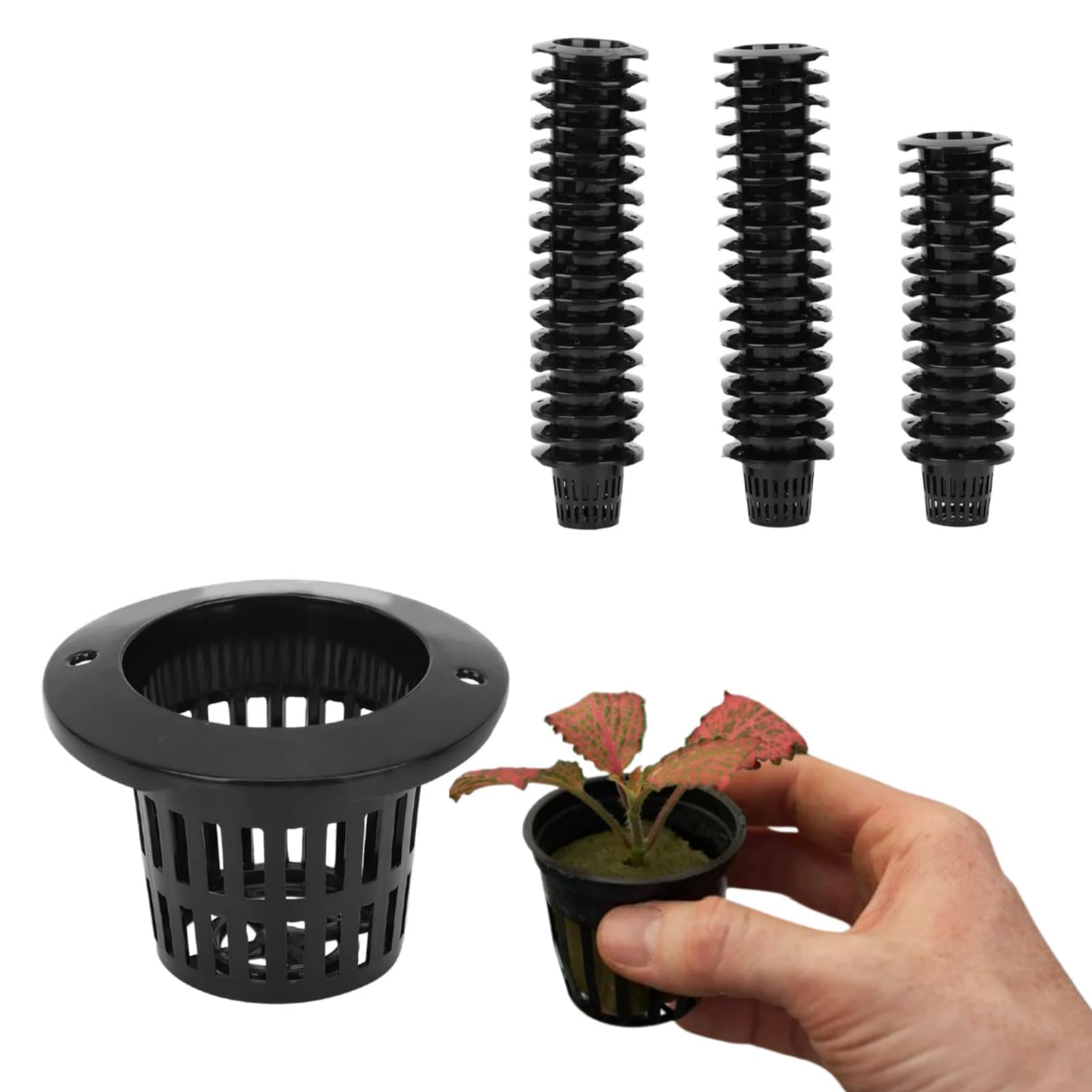 Cyrank 50 Packs Net Cup Pots, Hydroponics Net Pot Garden Slotted Mesh Planting Mesh Pots/Baskets Small Hydroponic with Thin Lip and Slotted Sides (Black), H: 3.7 cm