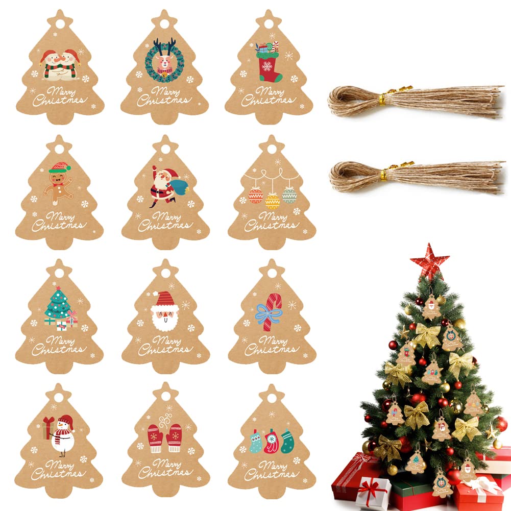 Christmas Tree Gift Tags,96 PCS Xmas Hanging Labels,Kraft Swing Parcel Luggage Paper Tags with 100PCS 20cm Jute Ropes Apply to Christmas Gifts Presents Wrapping Paper DIY Arts Craft Decoration