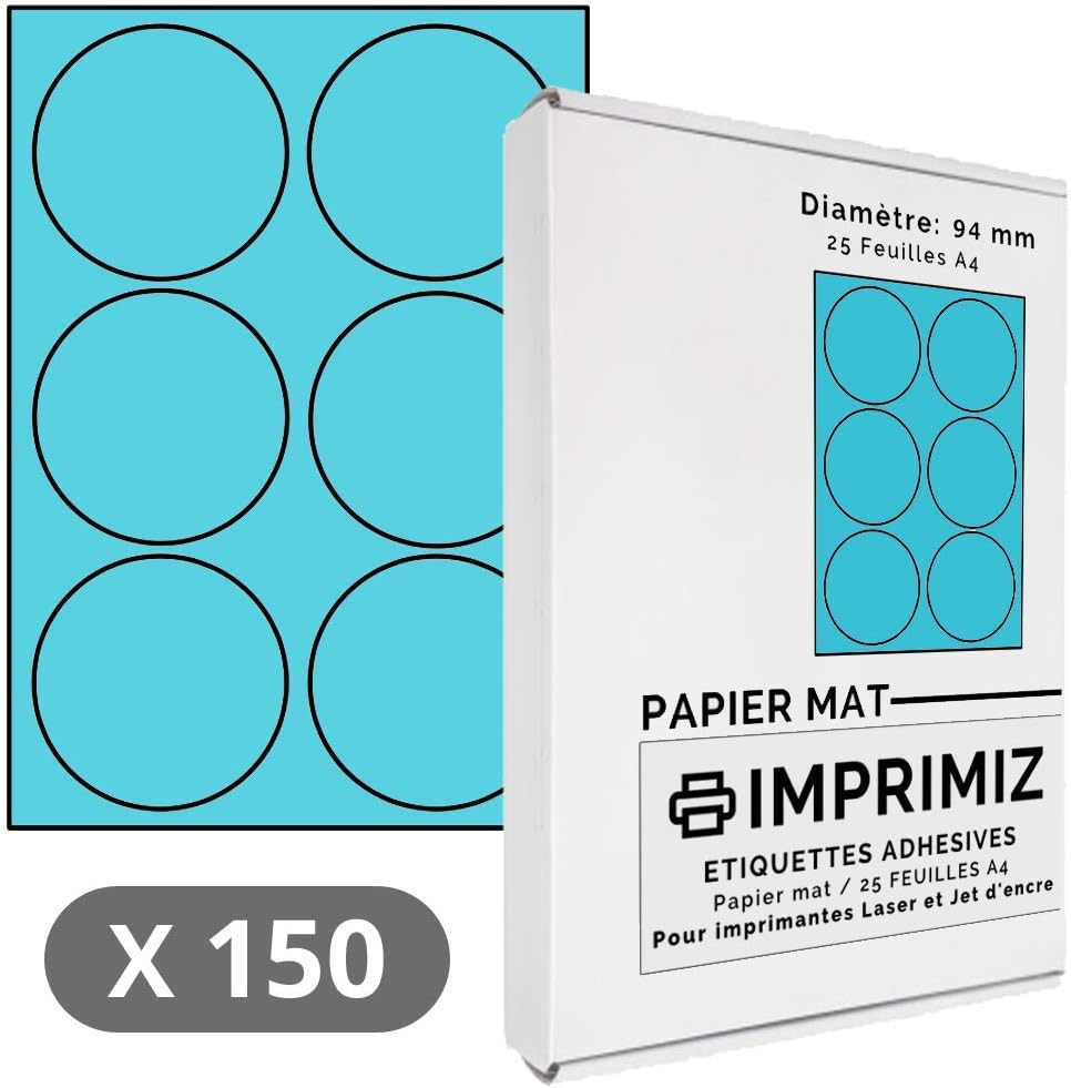 150 Self-Adhesive Fluorescent Blue Labels – Circle/Round – Diameter 94 mm – 6 Labels/Sheet – 25 Sheets of A4 Coloured Adhesive Paper – for Laser and Inkjet Printing