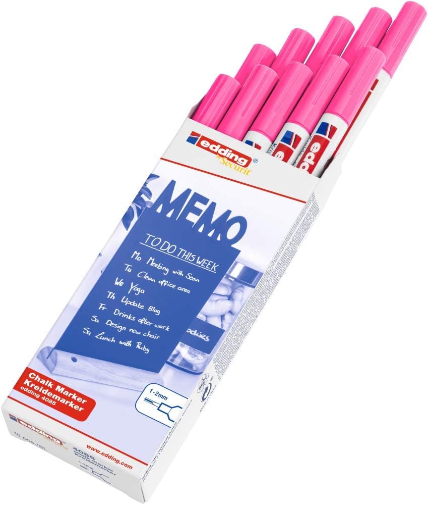 edding 4085 chalk marker, neon-pink, 10 chalk pens, round tip 1-2 mm, fine-tipped wet wipe pen for chalkboards windows, glass - Image 3