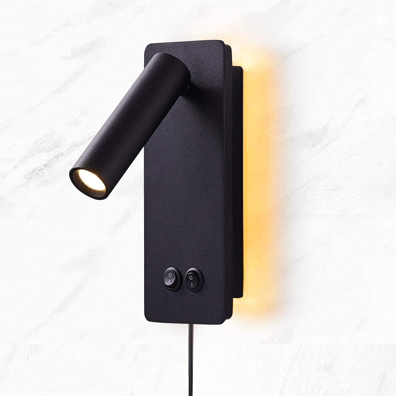 Photo 1 of MOLUOLA LIGHTING LED Reading Wall Lights for Bedroom, Backlight Night Wall Lamp, Plug in Cord Adjustable Wall Sconces, Book Reading Lamps, Backlight 3W+12W 3000k Warm Wall Light (Black)