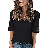 TICTICMISS Women's V Neck T Shirts Mesh Panel Short Sleeve Tops Casual Summer Tees
