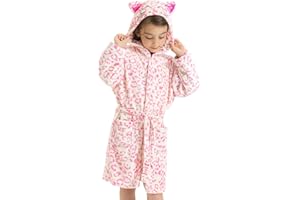 ACTLATI Leopard Cat Fleece Hooded Robe for Girls, Plush Bathrobe With Pockets for 3-12 Years Kids Birthday Christmas Gifts